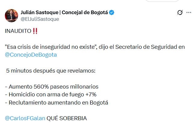 Respuesta del concejal Julián Sastoque en X