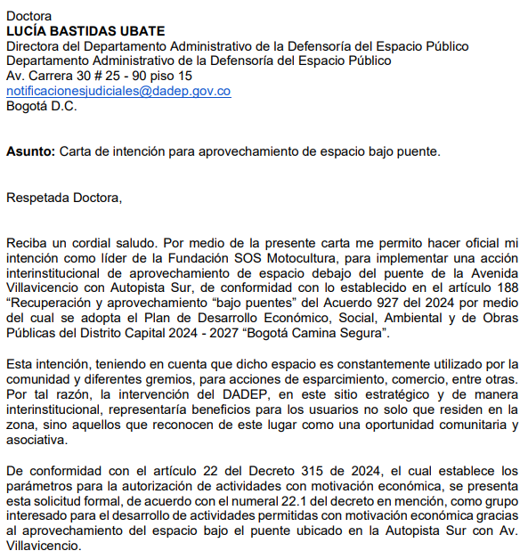 Imagen respuesta al derecho de petición "Carta de intención para el aprovechamiento de espacio bajo puente"