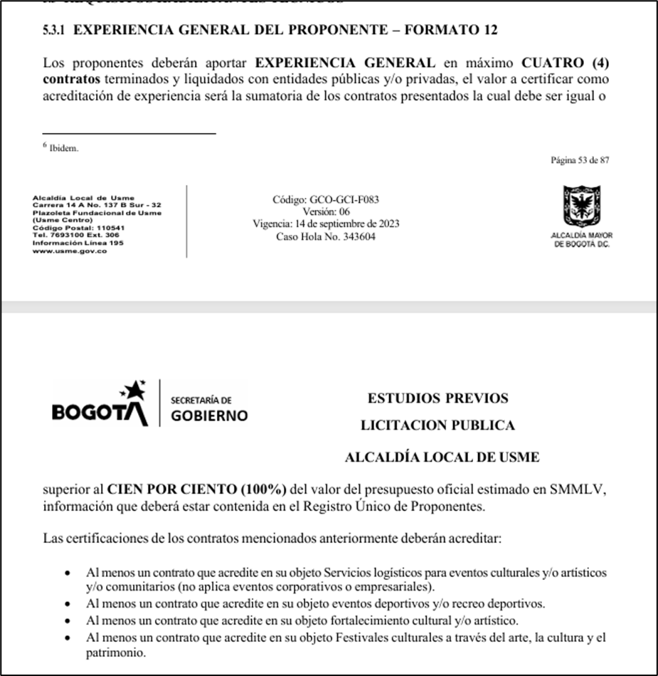 Captura de pantalla documento del contrato, item "Experiencia general del proponente - Formato 12"