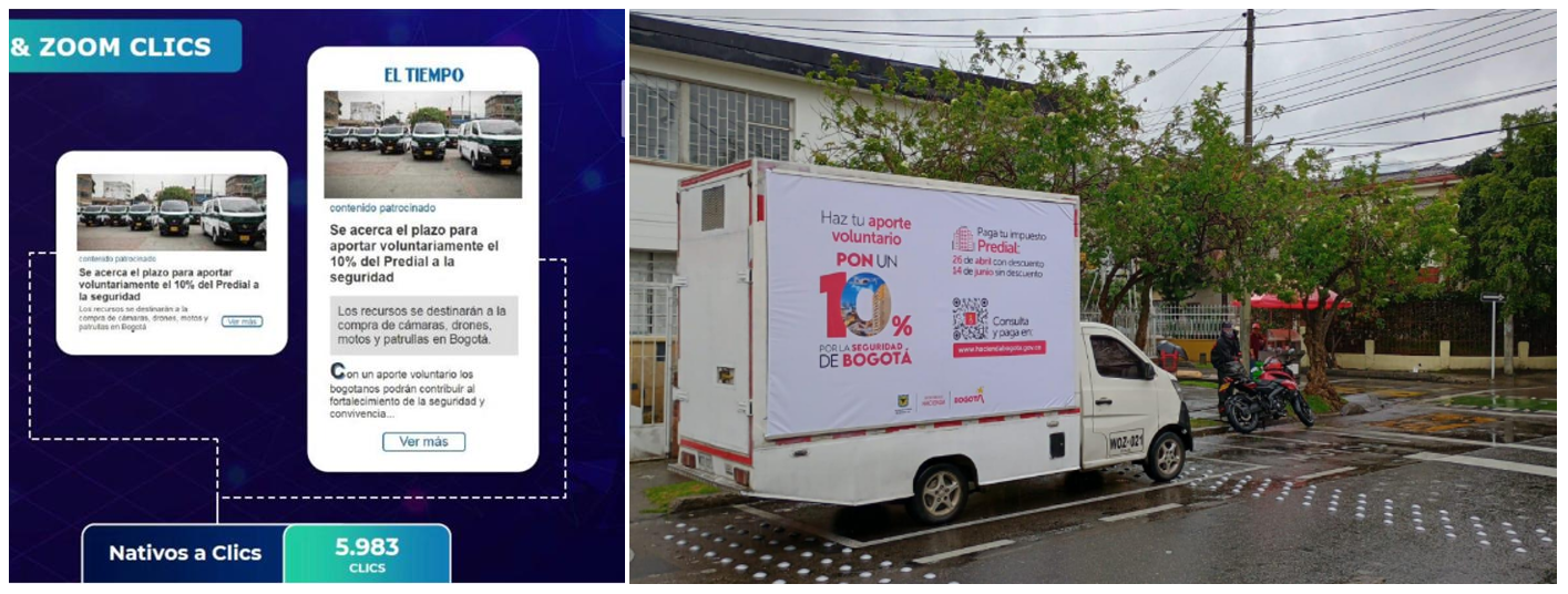 En esta imagen un artículo del El Tiempo sobre el plazo para aportar voluntariamente el 10% del Predial a la seguridad y un vehículo con publicidad de esa capaña