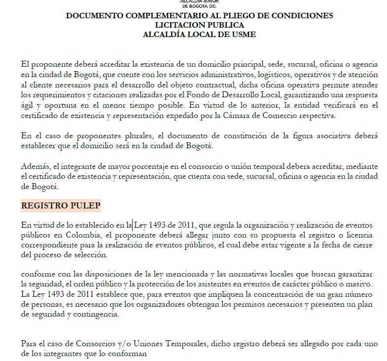 Imagén documento complementario al pliego de condiciones licitación pública Alcaldía de Usme