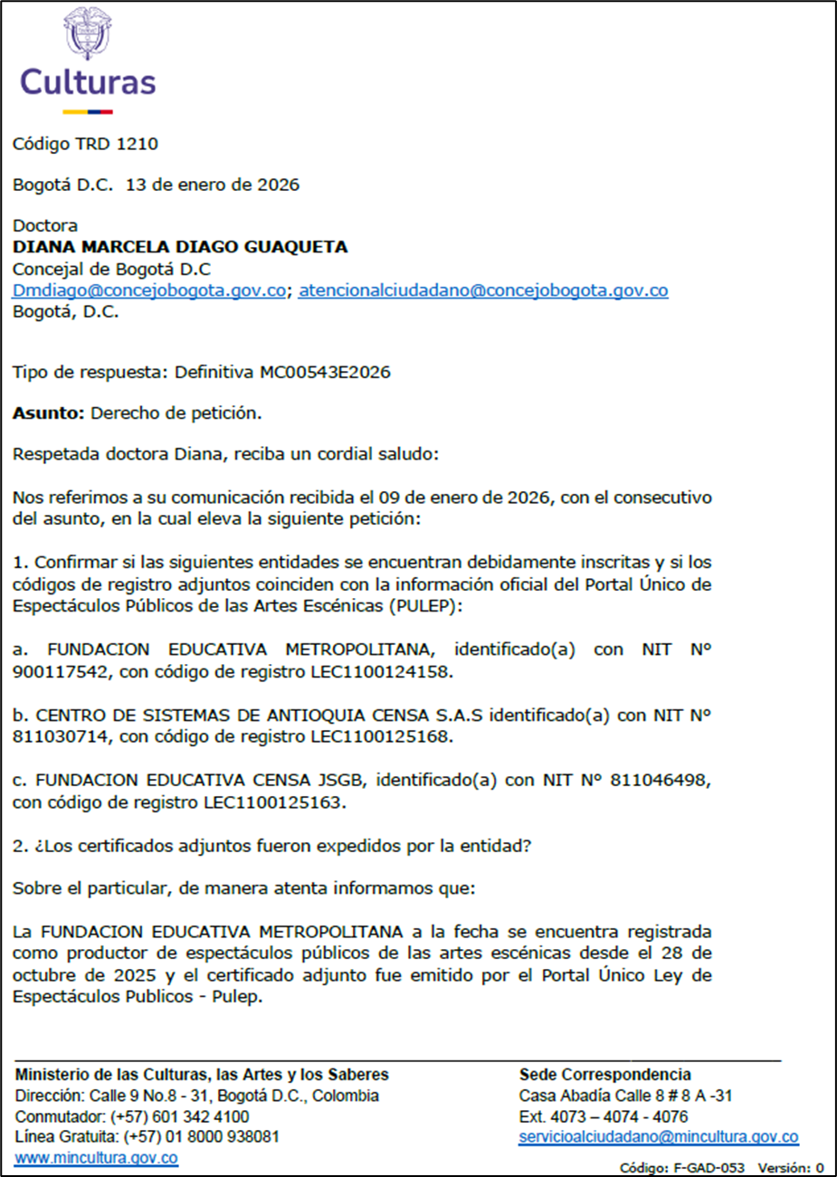 Imagen oficio de respuesta del Ministerio de las Culturas, los Artes y los Saberes, sobre certificación PULEP Consorcio Fortalecimiento Empresarial