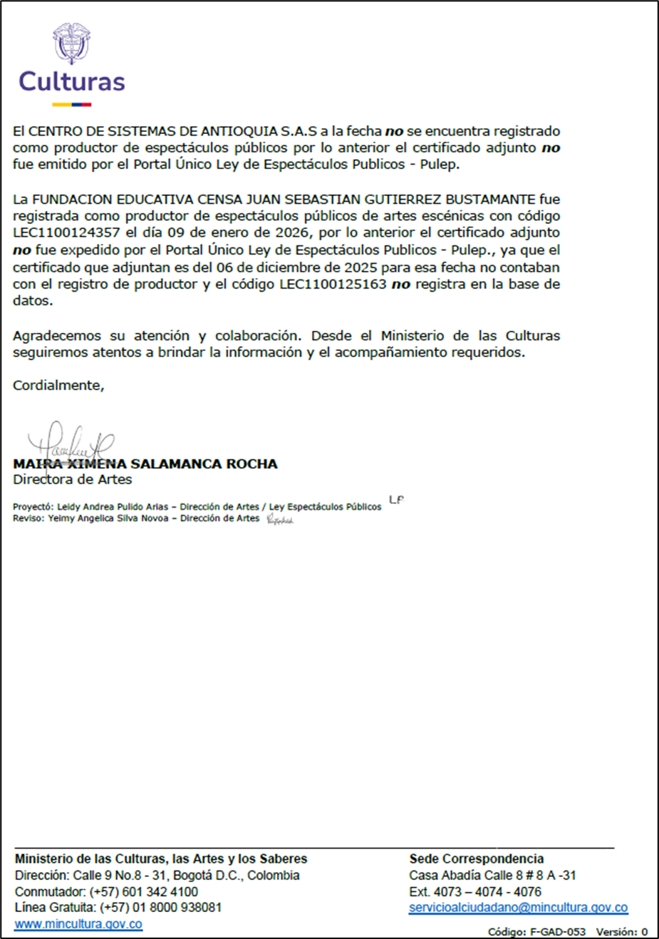 Imagen segunda parte oficio de respuesta del Ministerio de las Culturas, los Artes y los Saberes, sobre certificación PULEP Consorcio Fortalecimiento Empresarial