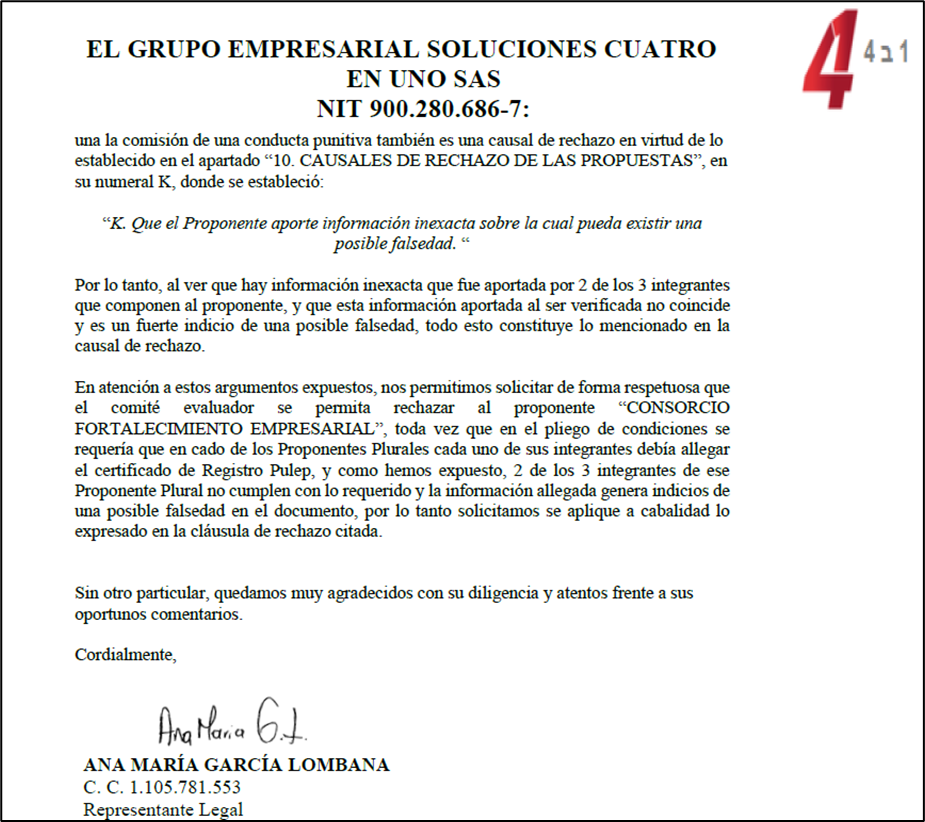 Imagen documento observaciones al informe final. Grupo empresarial Soluciones Cuatro en Uno SAS