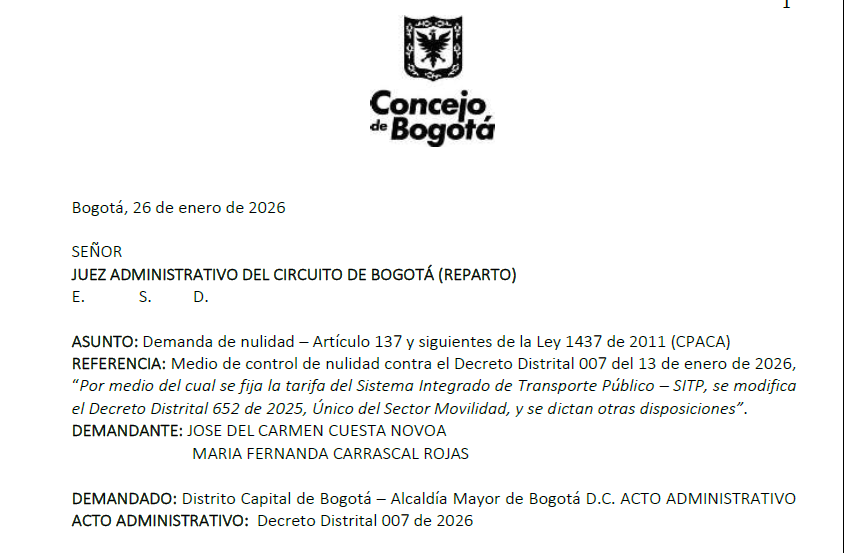 Imagen de carta dirigida al Juez administrativo del circuito de Bogotá 