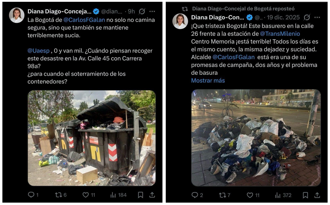 En esta imagen publicaciones de la H.C. Diana Diago en la red social X sobre "la crisis de basuras
