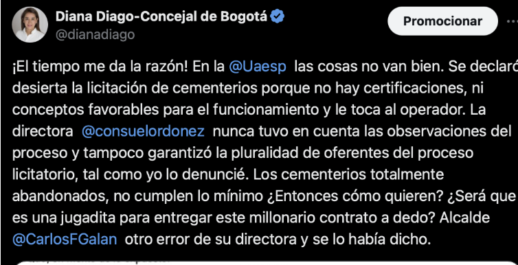 Imagen de publicación en la red social X de la Concejal Diago