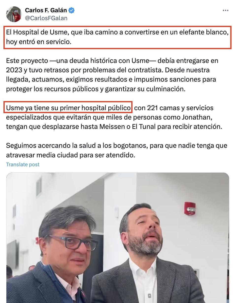 Imagen de una publicación en la social X del Alcalde Carlos F Galán
