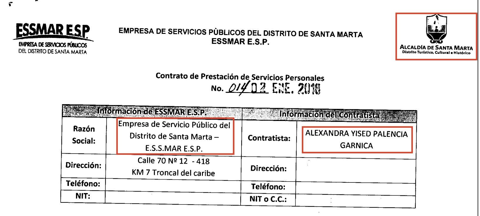 En esta imagen información Contrato de Prestación de Servicios en la que aparece la empresa de servicio público del Distrito de Santa Marta