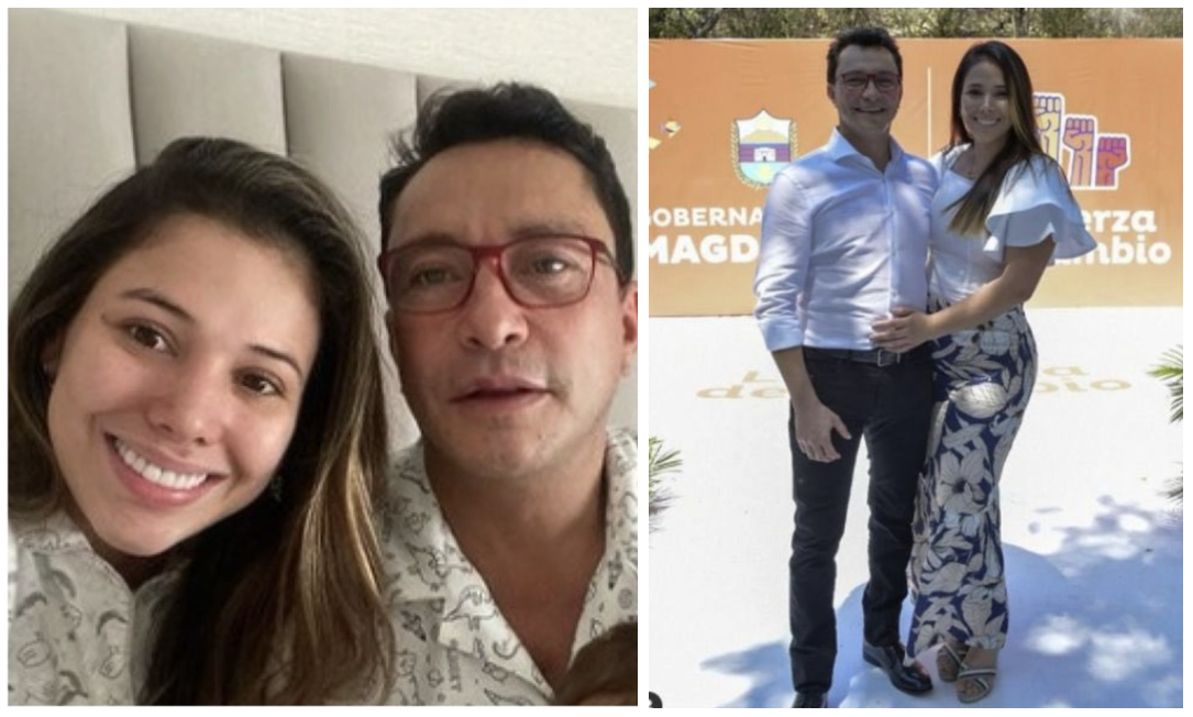 En esta imagen a la izquierda una mujer junto a un hombre con gafas, a la derecha estas personas de pie al fondo un aviso de la Gobernación del Magdalena