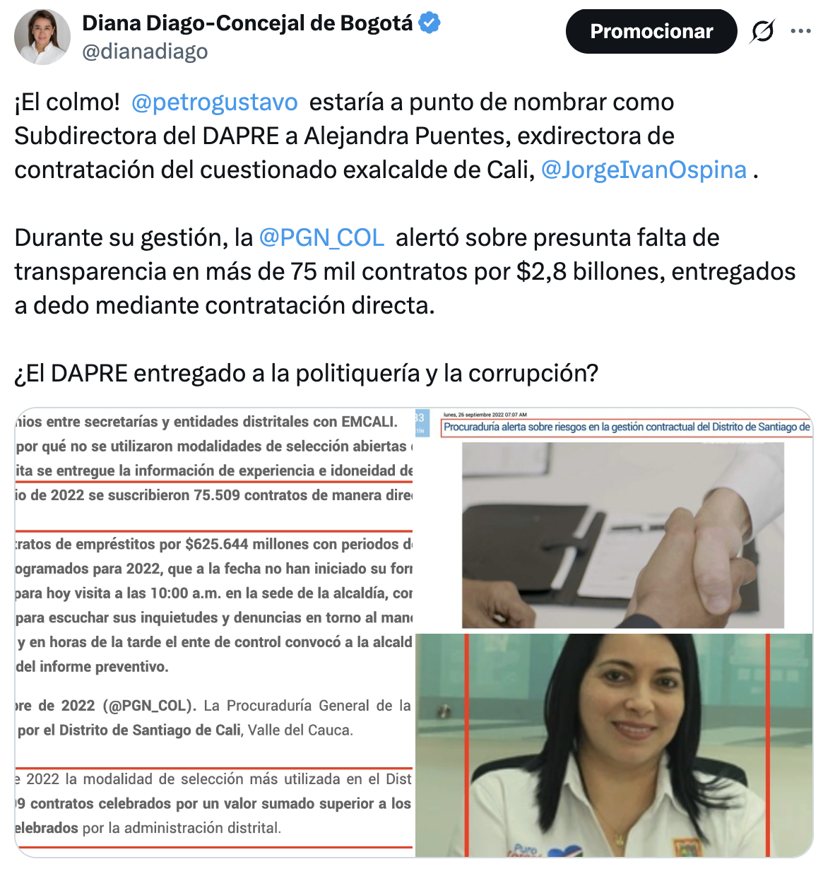 Mensaje de la H.C. Diana Diago en la red social X donde denuncia nombramiento como Subdirectora del DAPRE a Alejandra Puentes