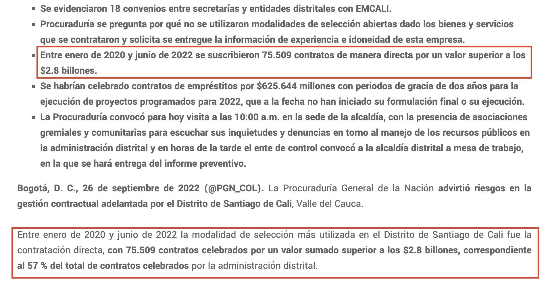 Comunicado Procuraduría General de la Nación sobre riesgos de gestión contraactual adelantada por el Distrito de Santiago de Cali, Valle del Cauca