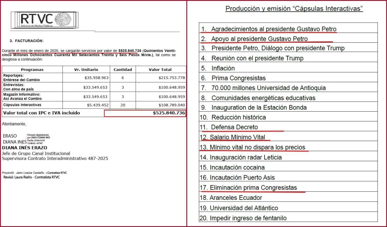 Pantallazo información facturación contrato RTVC - DAPRE. Producción y emisión "Cápsulas interactivas