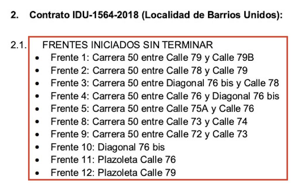 Pantallazo frentes iniciados sin terminar contrato IDU-1564-2018