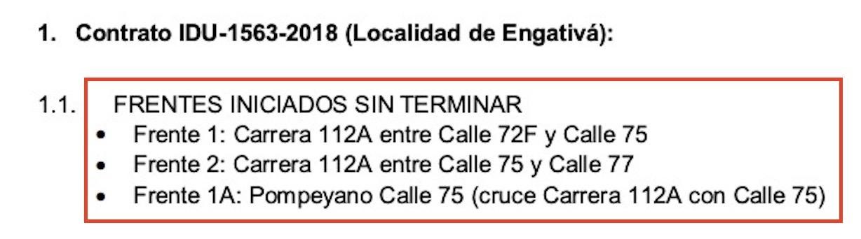 Pantallazo frentes iniciados sin terminar contrato IDU-1563-2018