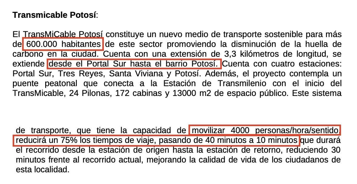 Imagen respuesta del IDU a Derecho de Petición en la que menciona que TransMiCable Potosí una solución clave para más de 600.000 habitantes, desde el Portal Sur hasta el barrio Potosí y con capacidad de movilizar 4.000 pasajeros por hora sentido