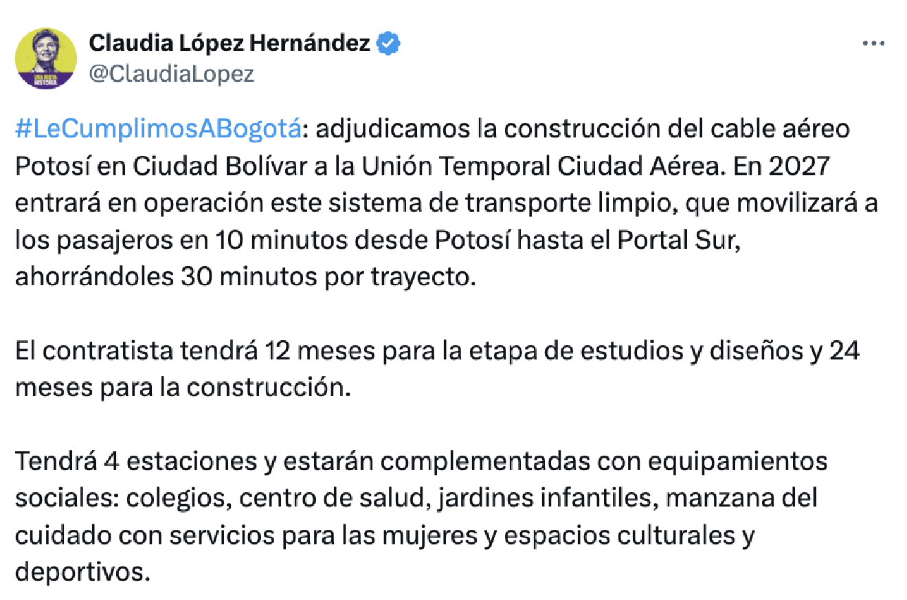 Imagen publicación de Claudia López en la red social X sobre la adjudicación del cable aéreo Potosí