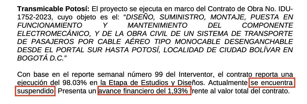 Imagen respuesta del IDU a Derecho de Petición en la que menciona que el contrato se encuentra suspendido con un avance financiero del 1.93%