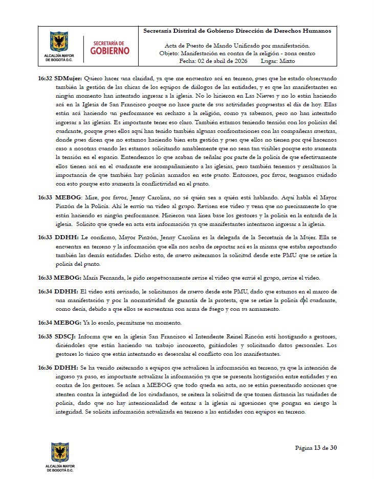 Acta PMU manifestación en contra de la religión - zona centro 2 de abril de 2026, pág. 1