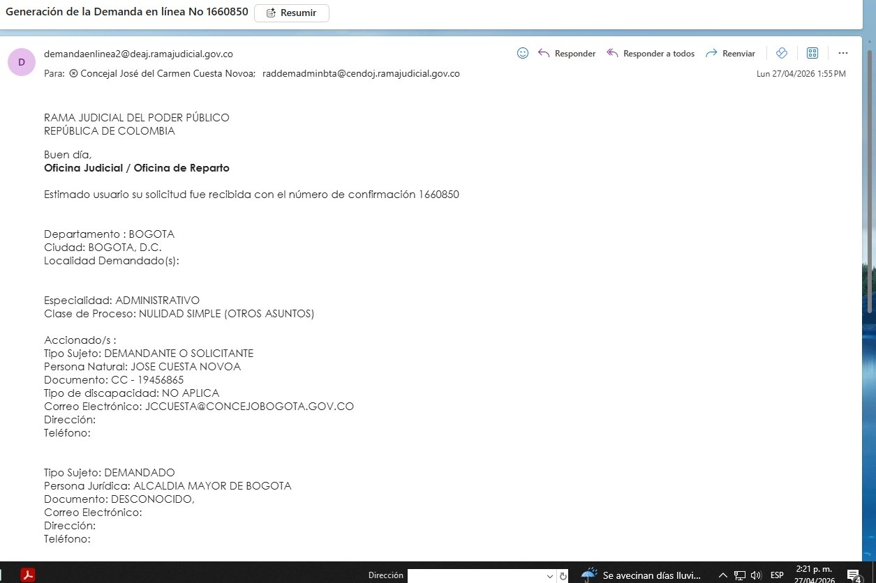 Imagen que meustra el proceso exitoso de radicacion del proceso de demanda de nulidad