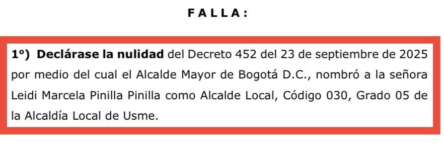 Imagen fallo Tribunal Administrativo de Cundinamarca , declara la nulidad del Decreto 452 de 2025