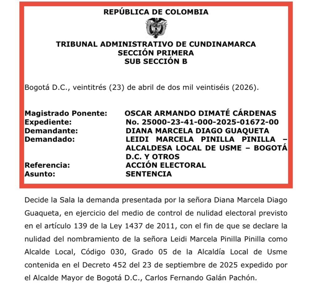 Imagen fragmento del fallo del Tribunal Administrativo de Cundinamarca a favor de la concejal Diana Diago