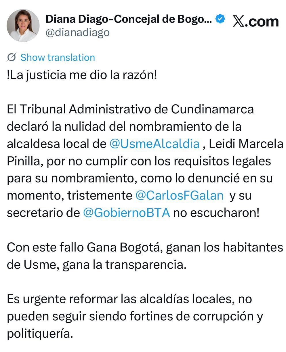 Publicación de la H.C. Diana Diago en la red social X