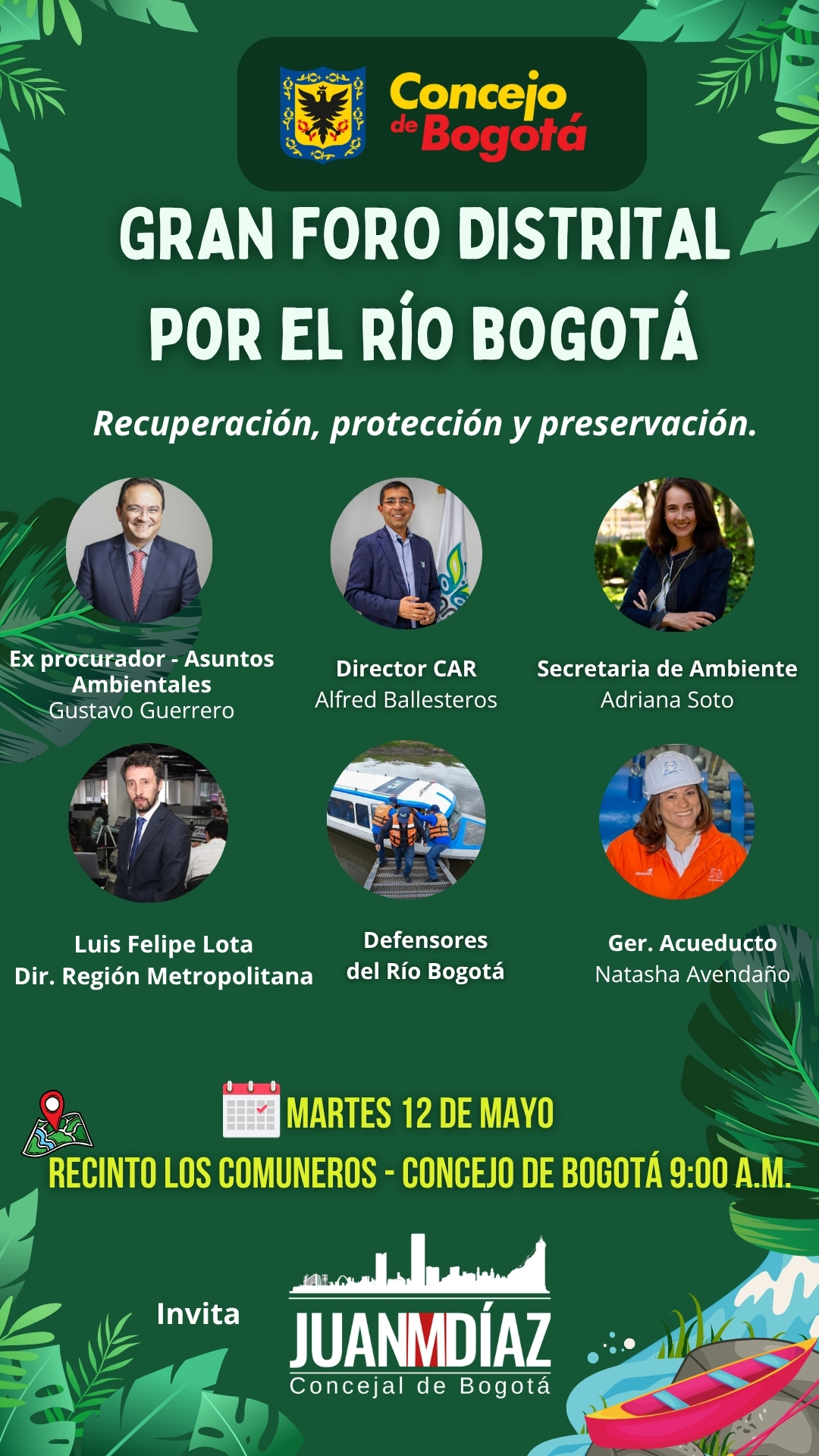 Pieza gráfica Gran Foro Distrital por el Río Bogotá con fotos de los participantes, a realizarse el 12 de mayo a las 9:00 a.m. en el Recinto los Comuneros