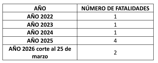 Tabla con cifras de fatalidades por año desde 2022