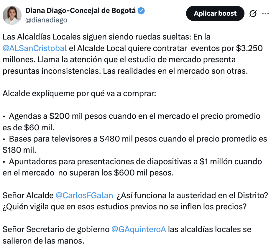 Imagen publicación de la H.C. Diana Diago en la red social X