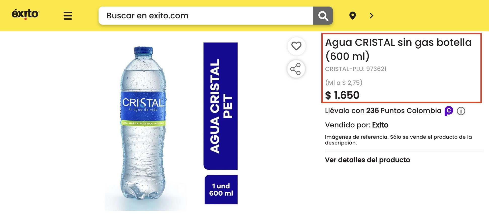 Imagen precio agua sin gas botella página del éxito