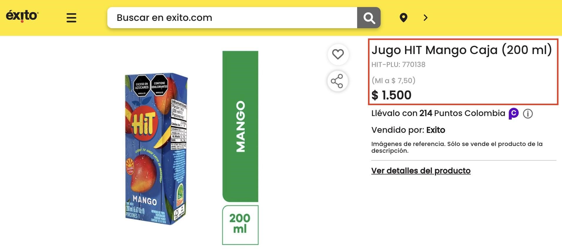 Imagen precio jugo de caja página del éxito
