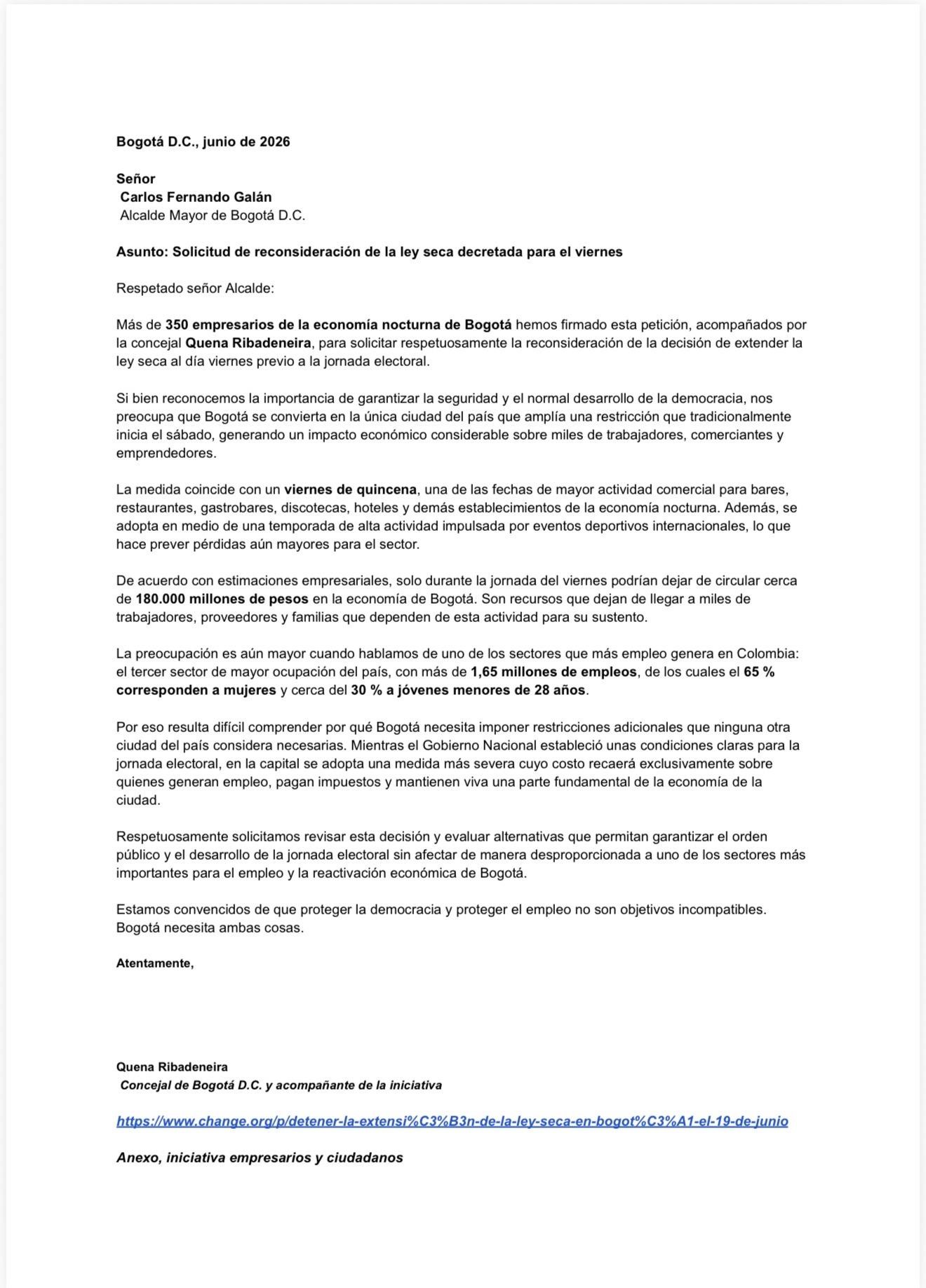 Imagen de la carta dirigida al alcalde Carlos Fernando Galán