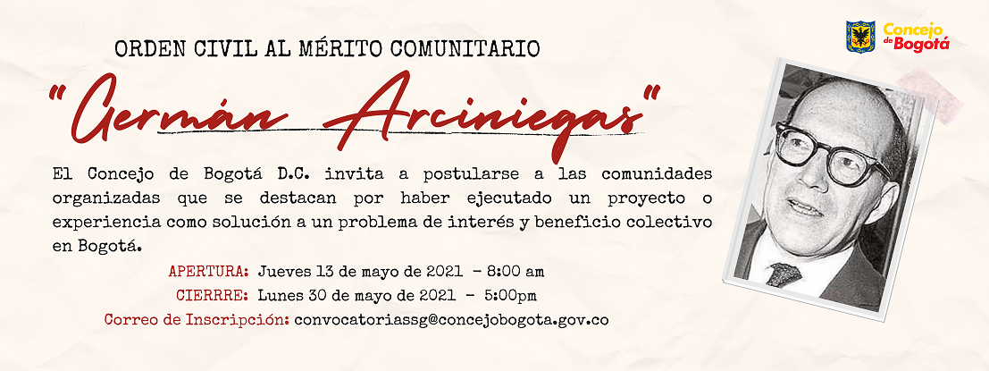 Imagen promocional de la convocatoria Germán Arciniegas. Enlace para ver más información